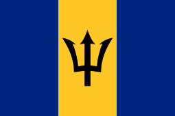 A vertical triband of ultramarine, on the outer stripes, and gold, on the inner stripe, with a black trident head centred on the gold band.