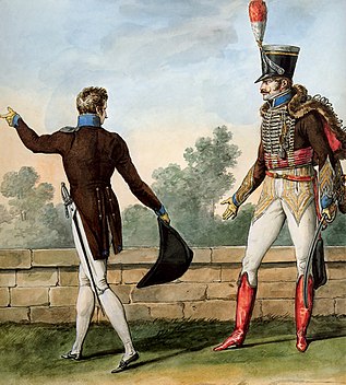 Major of hussars (right), with rank insignia in the form of braids on the sleeves and pants[4]