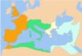 Division of the Roman Empire among the Caesars appointed by Constantine I: from west to east, the territories of Constantine II, Constans, Dalmatius and Constantius II.