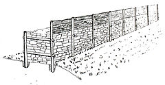 Schematische Darstellung einer früheisenzeitlichen Pfostenschlitzmauer vom Typ Altkönig-Preist; so könnte die Befestigung auf dem großen Kordigast ausgesehen haben (einzige Abweichung: Mauerbreite in der Skizze nur 2,5 m)