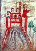 12th century depiction of a mangonel (also called a perrier) next to a staff slinger