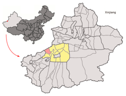 Location of Uqturpan County (red) within Aksu Prefecture (yellow) and Xinjiang
