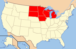 Map of the USA with the Upper Midwest highlighted (as defined by the National Weather Service)