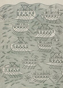 A group of stylized ships propelled by oars, half of them with pointed bows and half with rounded bows in a sea full of fish and other sea creatures