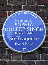 Blue plaque for suffragette Sophia Duleep Singh, at Faraday House, Hampton Court