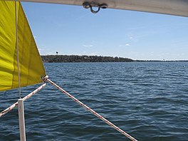 A photo of West Lake Okoboji taken from a sailboat.