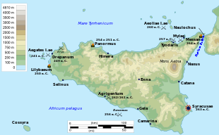 A relief map of Sicily showing the main cities at the time of the First Punic War