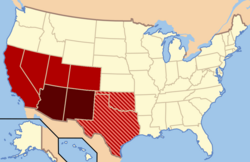 Though regional definitions vary from source to source, Arizona and New Mexico (in dark red) are almost always considered the core, modern-day Southwest. The brighter red and striped states may or may not be considered part of this region. The brighter red states (California, Colorado, Nevada, and Utah) are also classified as part of the West by the U.S. Census Bureau, though the striped states are not; Oklahoma and Texas are classified as part of the South.[1]
