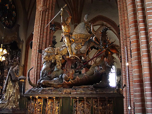 Saint George and the Dragon, wood carving by Bernt Notke in Stockholm's Storkyrkan (1470s).