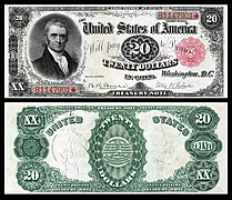 Obverse and reverse of an 1891 twenty-dollar Treasury Note