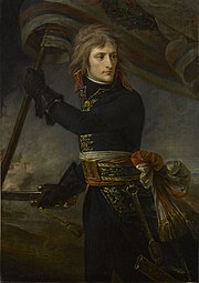 Painting of a young general holding a flag in one hand and a sword in the other