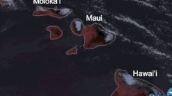 A looping image of Maui and surrounding islands from a satellite shows dark red pulses indicating the presence of fires