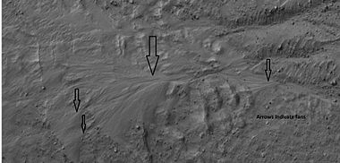 Several levels of alluvial fans, as seen by HiRISE under HiWish program. Locations of these fans are indicated in the previous image.