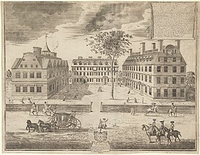 A 1740 drawing of Harvard College, depicting the three main buildings at the time