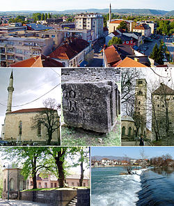 From top, left to right: Bihać panorama, Fethija Mosque (former Catholic Church of St. Anthony of Padua), Stećak Tombstones, Kapetanova kula (Captain's Tower; currently a museum), Bihać Türbe and the Una river.