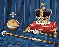 Primary Crown Jewels of the United Kingdom, with Sovereign's Orb at upper left (in late 1952 before the coronation of Elizabeth II)