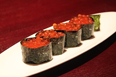 Nori used to wrap sushi with ikura (salmon eggs)