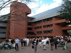 View of the eastern red brick face of the Intercultural Center facing the "Red Square" quadrangle.