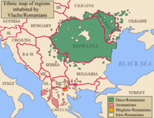 Map of Southeastern Europe, depicting the modern borders and the places where Eastern Romance languages were recently spoken