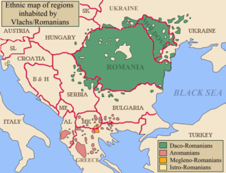 Map of Southeastern Europe, depicting the modern borders and the places where Eastern Romance languages were recently spoken