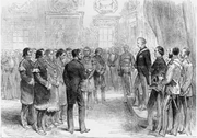 Grand Chief Jacques-Pierre Peminuit Paul (3rd from left with beard) meets Governor General of Canada, Marquess of Lorne, Red Chamber, Province House, Halifax, Nova Scotia, 1879.[11]