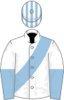 White, light blue sash, halved sleeves, striped cap