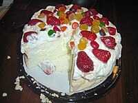 A store-bought New Zealand pavlova decorated with wine gums, strawberries and cream. The soft marshmallow-like centre is visible.
