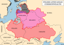 Graphische Landkarte des Territoriums. Baltische Staaten, Weißrussland, Polen und Ukraine sind farblich markiert. In der oberen rechten Ecke steht in einem Kasten Polish-Lithuanian Commonwealth.
