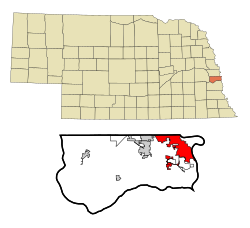 Location of Bellevue within Nebraska and Sarpy County