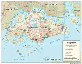 Detailed map of Singapore and Johor Malaysia with the Johor Strait outlines in blue.