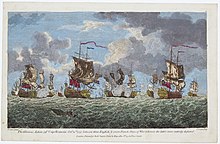 Depiction of the Battle of Cap-Français with two lines of ships firing their guns at each other