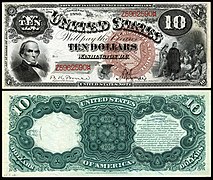 Obverse and reverse of a ten-dollar United States Note