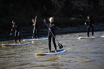 Surf Summit participants doing standup paddleboarding.