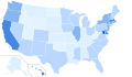 Results by state, shaded according to percentage of the vote for Clinton
