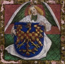 Manuscript illustration of an angel holding the coat of arms