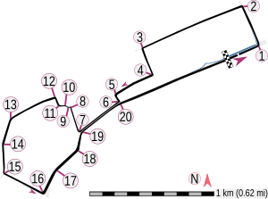 The course runs anti-clockwise and has twenty corners. The pit lane is located on the left hand side of the track, adjacent to the start/finish line, with the entrance roughly half-way between the last and first corners and the exit located after the first turn.