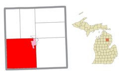 Location within Oscoda County (red) and an administered portion of the Mio community (pink)
