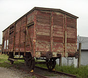 A cattle wagon used for the transport of Belgian Jews to camps in Eastern Europe. The openings were covered in barbed wire.[8] This example is preserved at Fort Breendonk.