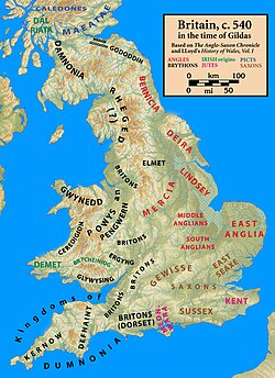 Britain around the year 540. Anglo-Saxon kingdoms' names are coloured red. Britonnic kingdoms' names are coloured black.