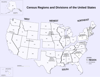 Karte der Vereinigten Staaten mit US-Bundesstaaten und US-Regionen