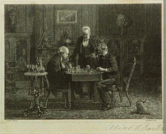 Engraving of The Chess Players by Thomas Eakins (circa 1880).
