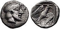 Coin of Archeptolis. Portrait (Zeus?) and eagle. Circa 459 BC