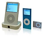 The iPod became a hit in the 2000s. iPods were digital music players that had click wheels and stored songs, the first iteration releasing in 2001.
