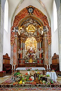 Main altar in the catholic parish church of Laa an der Thaya, Lower Austria, Austria