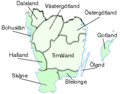 Götaland with the Swedish acquisitions of 1645 and 1658 in darker green: Gotland, Blekinge, Halland and Skåne from Denmark, and Bohuslän from Norway (then under Danish rule)