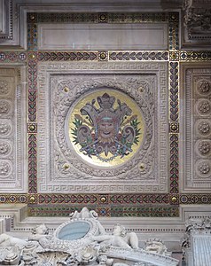 Neoclassical mascaron in a mosaic on a ceiling of the Palais Garnier, Paris, designed by Charles Garnier, 1860–1875[41]