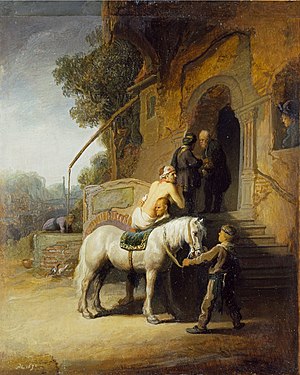 The Good Samaritan by Rembrandt (1630) shows the Good Samaritan making arrangements with the innkeeper