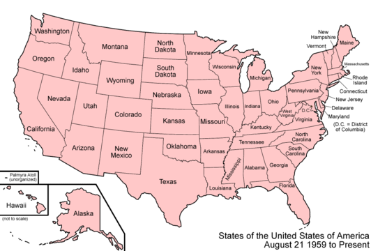 Map of the United States as it has been since Hawaiʻi was admitted to the Union on August 21, 1959