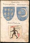Coats of arms of the Three Magi, with "Baltasar of Tarsus" being attributed a star and crescent increscent in a blue field, Wernigerode Armorial (c. 1490)