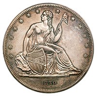 Obverse of 1839 United States Gobrecht dollar coin, the first of the "Seated Liberty" type